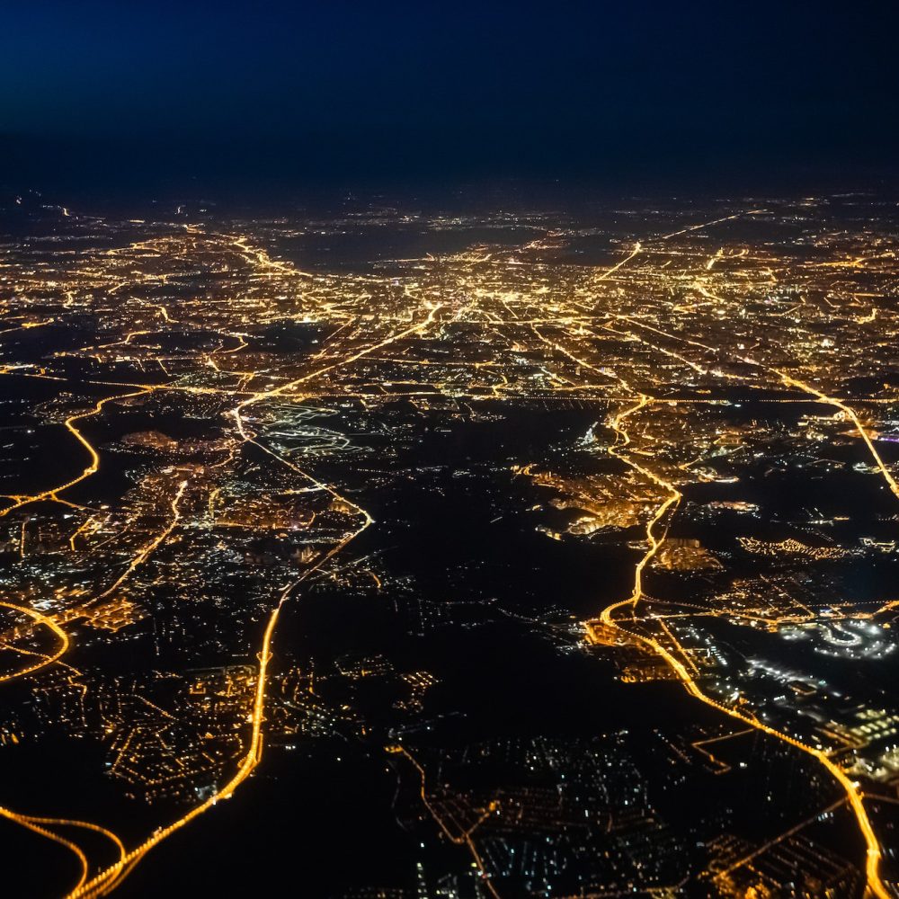 Aerial view of a city of Moscow at night. City of Moscow picture made from airplane